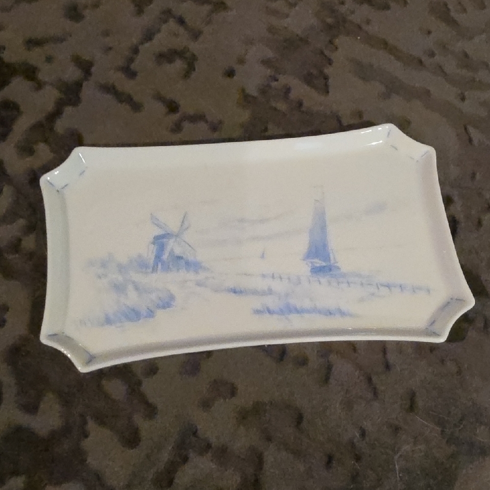 Rectangular White Ceramic Tray with Blue Delft-Style Landscape. Marked Limoges